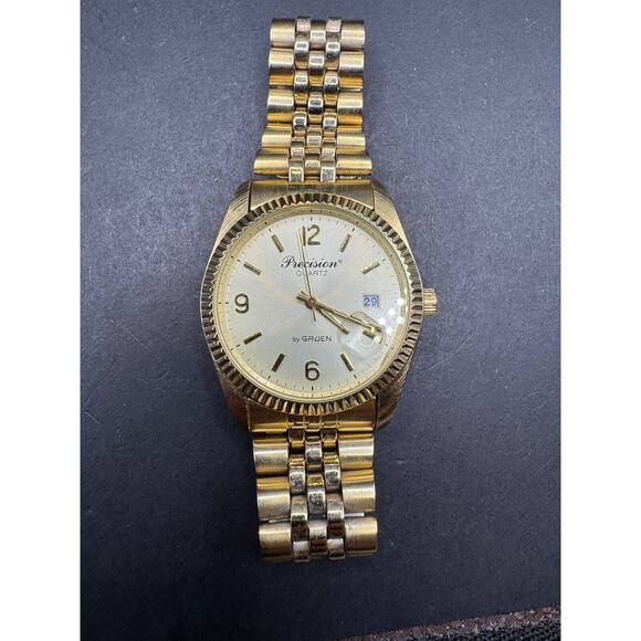 Vintage Precision by Gruen Quartz Gold Tone Mens Watch w/ Date GP5036 Japan Movt